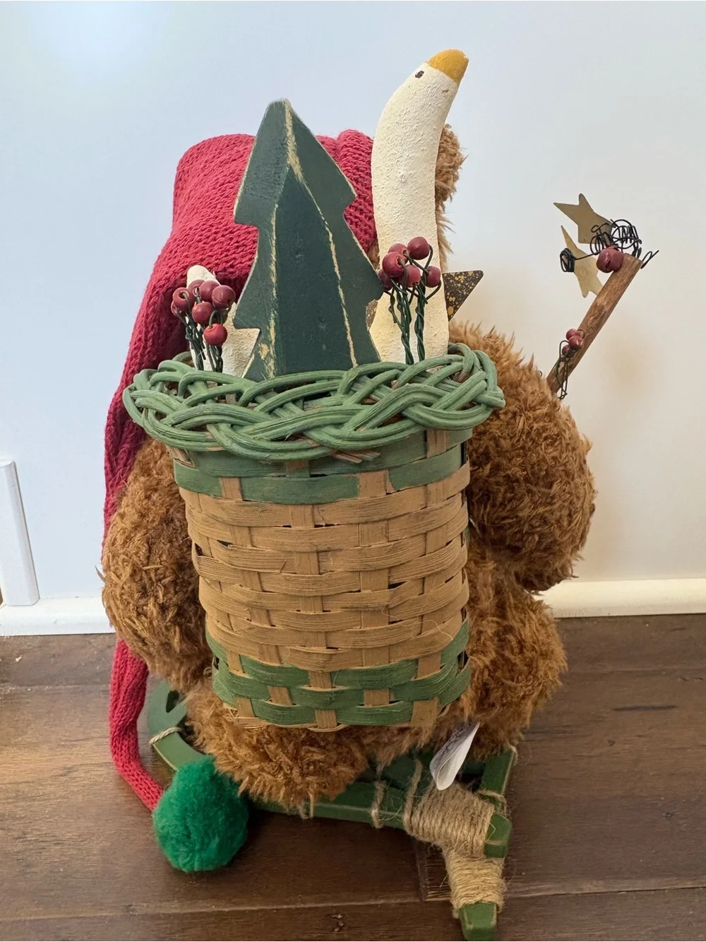 Vintage 2001 Tender Heart Treasures Christmas Teddy Bear Snowshoes Basket Rustic